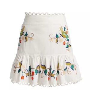 Farm Rio Pitanga Embroidered Ruffle Hem Mini Skirt Off-White NWOT, Sz XL